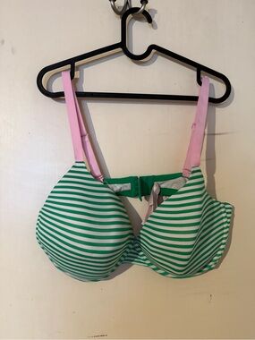 PINK Victoria's Secret Green & White Striped Bra with Pink Straps
